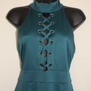 Teal Halter Dress Front Cross Lacings